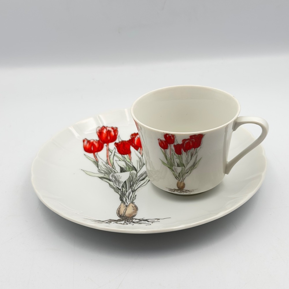 Mann Fine China Red Tulip Botanical Snack Set Cup and Scalloped Plate Vintage